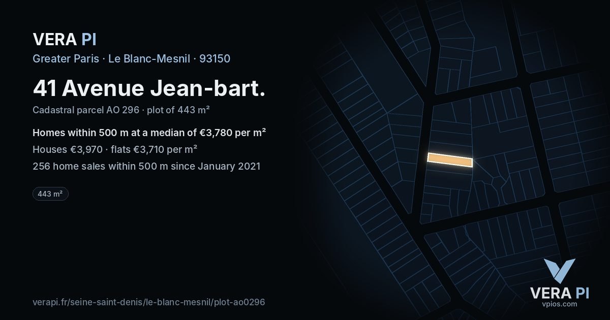 41 Avenue Jean-bart, Le Blanc-Mesnil at night – the plot lit, the parcels around coloured by the prices near them