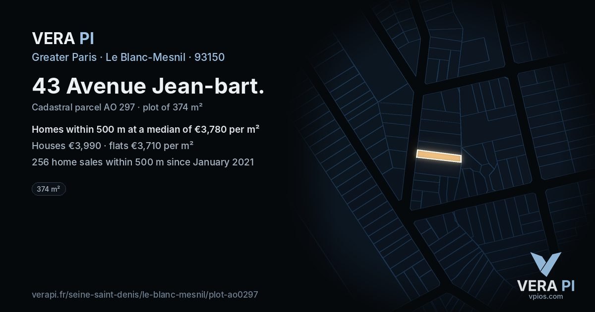 43 Avenue Jean-bart, Le Blanc-Mesnil at night – the plot lit, the parcels around coloured by the prices near them