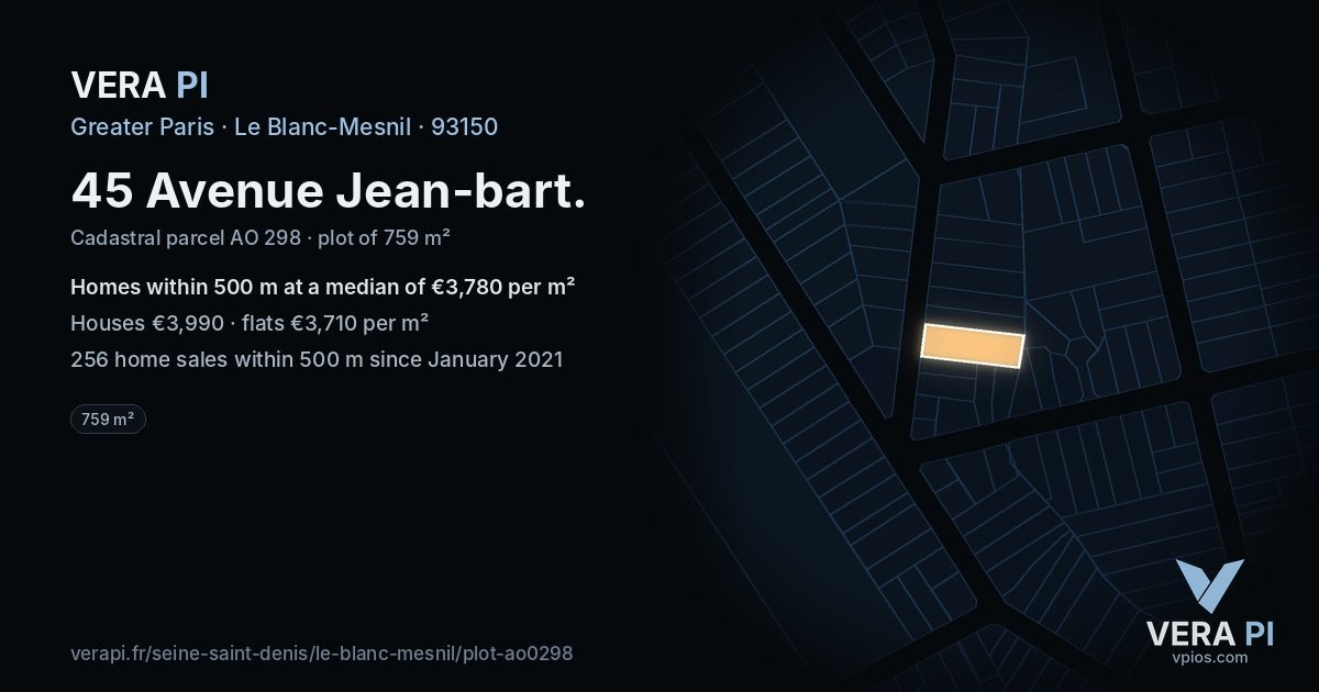 45 Avenue Jean-bart, Le Blanc-Mesnil at night – the plot lit, the parcels around coloured by the prices near them