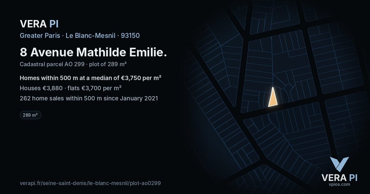 8 Avenue Mathilde Emilie, Le Blanc-Mesnil at night – the plot lit, the parcels around coloured by the prices near them