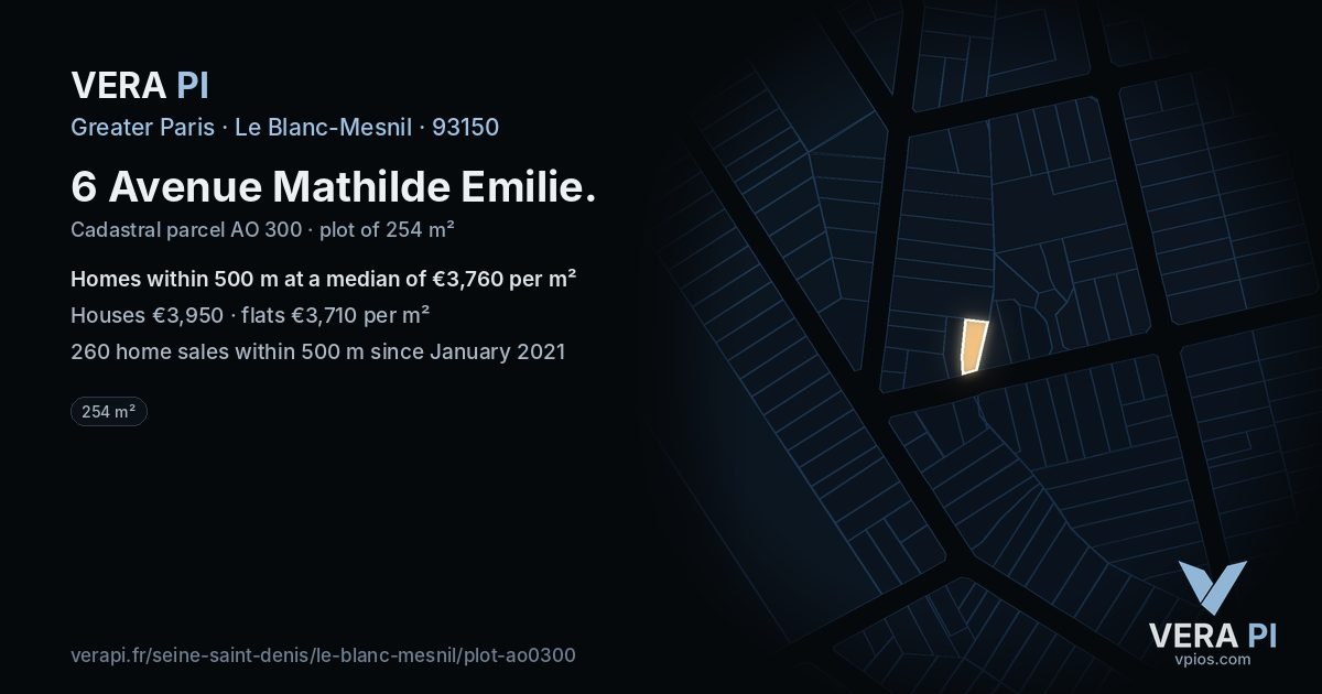 6 Avenue Mathilde Emilie, Le Blanc-Mesnil at night – the plot lit, the parcels around coloured by the prices near them