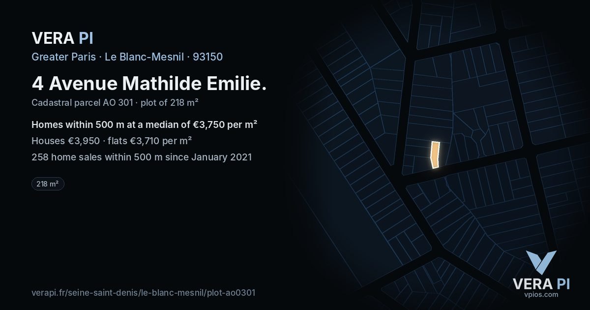 4 Avenue Mathilde Emilie, Le Blanc-Mesnil at night – the plot lit, the parcels around coloured by the prices near them
