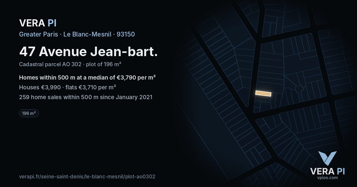 47 Avenue Jean-bart, Le Blanc-Mesnil at night – the plot lit, the parcels around coloured by the prices near them