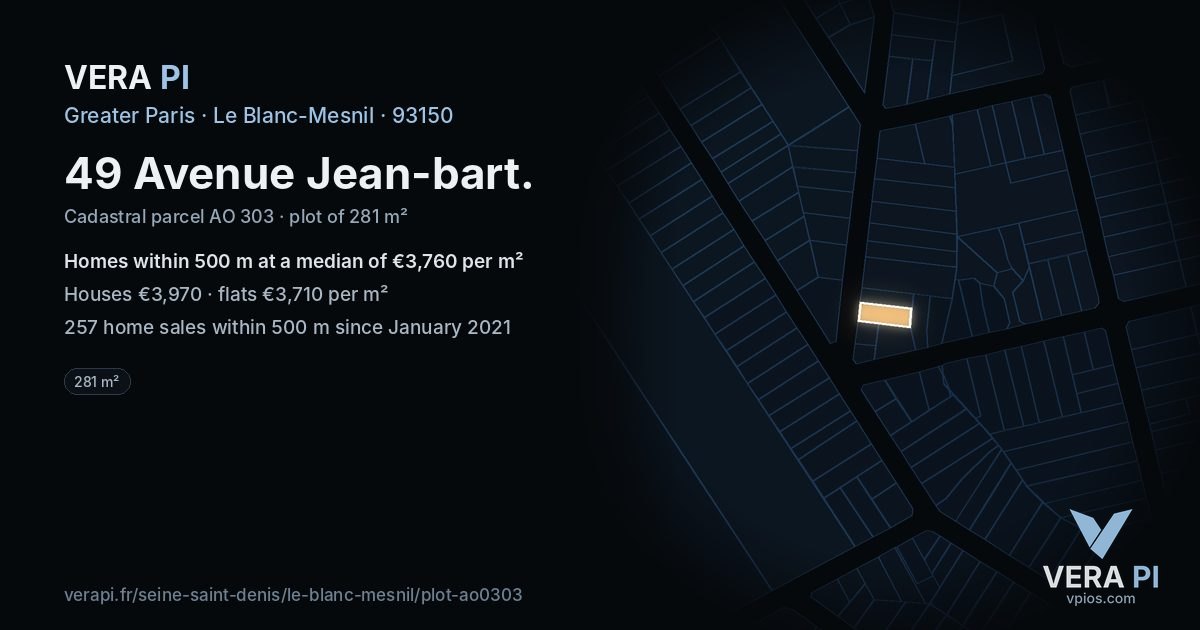 49 Avenue Jean-bart, Le Blanc-Mesnil at night – the plot lit, the parcels around coloured by the prices near them