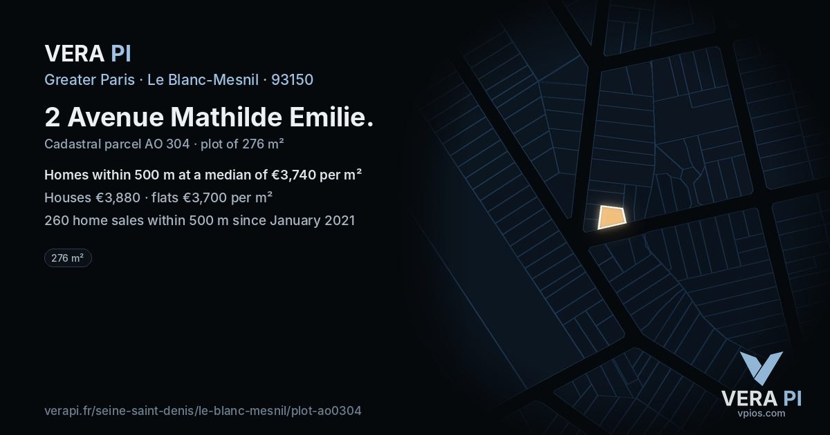 2 Avenue Mathilde Emilie, Le Blanc-Mesnil at night – the plot lit, the parcels around coloured by the prices near them