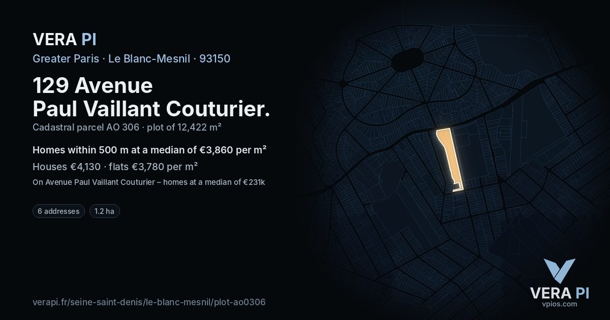 129 Avenue Paul Vaillant Couturier, Le Blanc-Mesnil at night – the plot lit, the parcels around coloured by the prices near them