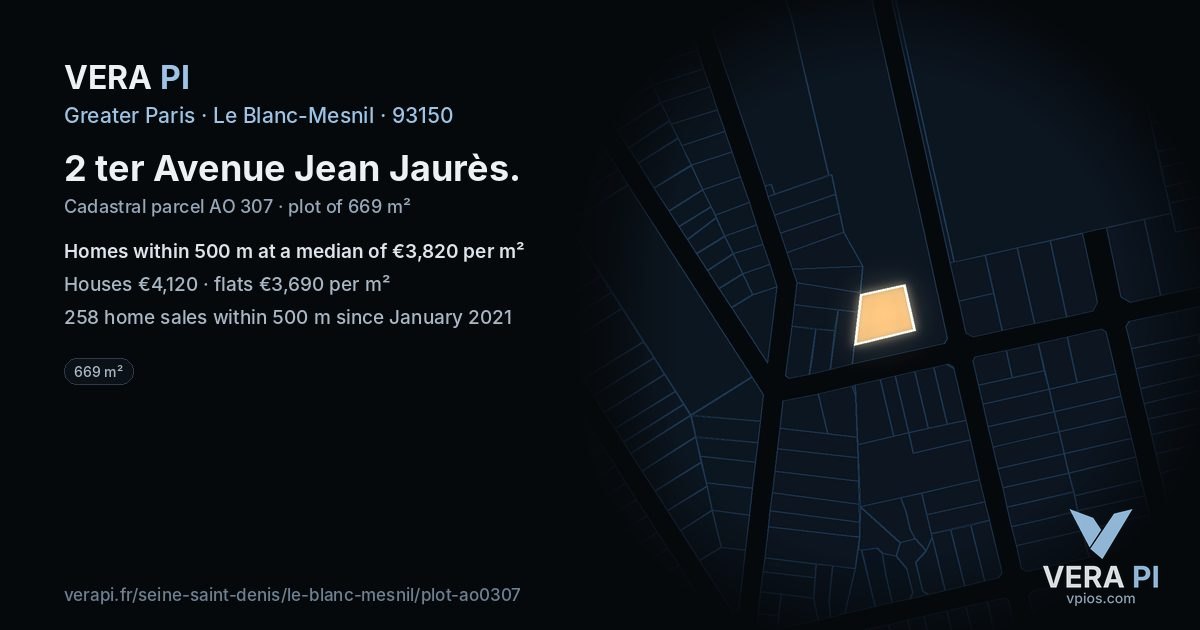 2 ter Avenue Jean Jaurès, Le Blanc-Mesnil at night – the plot lit, the parcels around coloured by the prices near them
