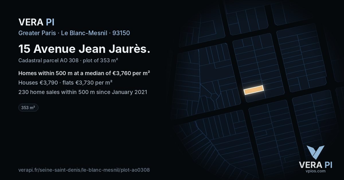 15 Avenue Jean Jaurès, Le Blanc-Mesnil at night – the plot lit, the parcels around coloured by the prices near them