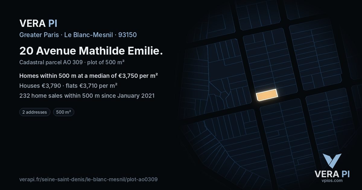20 Avenue Mathilde Emilie, Le Blanc-Mesnil at night – the plot lit, the parcels around coloured by the prices near them