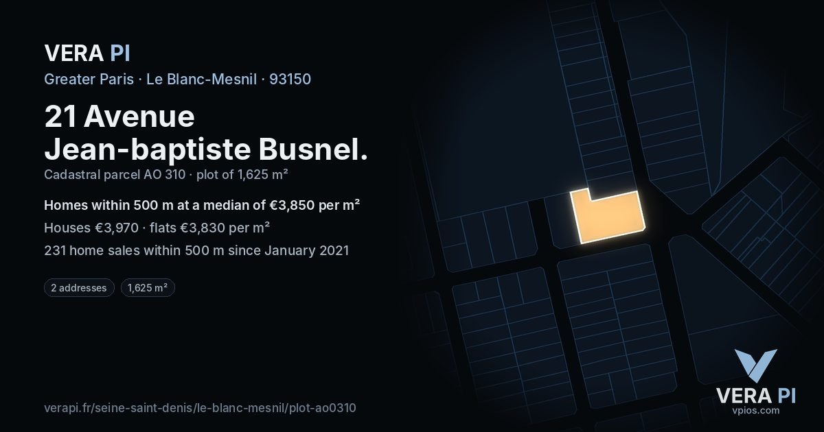 21 Avenue Jean-baptiste Busnel, Le Blanc-Mesnil at night – the plot lit, the parcels around coloured by the prices near them