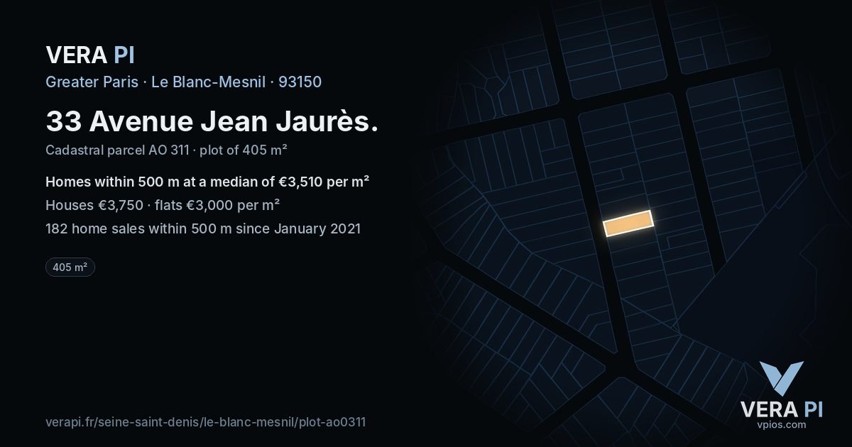 33 Avenue Jean Jaurès, Le Blanc-Mesnil at night – the plot lit, the parcels around coloured by the prices near them