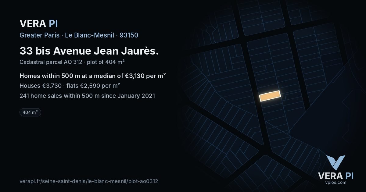 33 bis Avenue Jean Jaurès, Le Blanc-Mesnil at night – the plot lit, the parcels around coloured by the prices near them