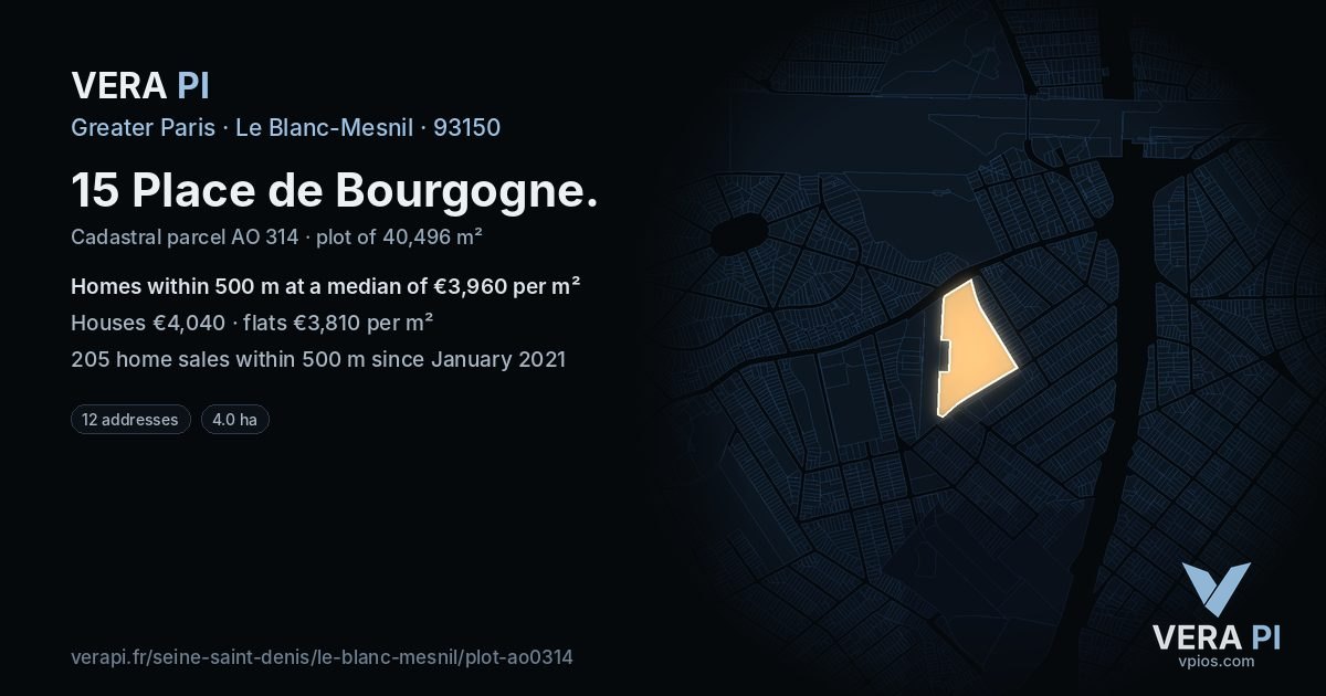 15 Place de Bourgogne, Le Blanc-Mesnil at night – the plot lit, the parcels around coloured by the prices near them