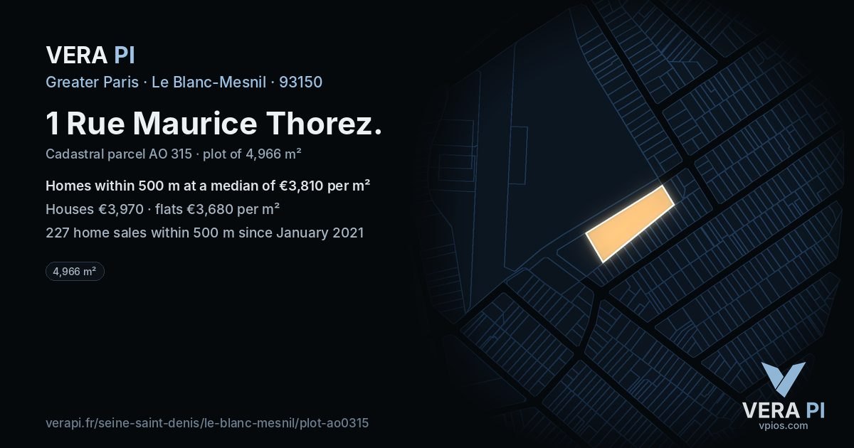 1 Rue Maurice Thorez, Le Blanc-Mesnil at night – the plot lit, the parcels around coloured by the prices near them