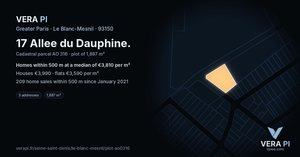 17 Allee du Dauphine, Le Blanc-Mesnil at night – the plot lit, the parcels around coloured by the prices near them