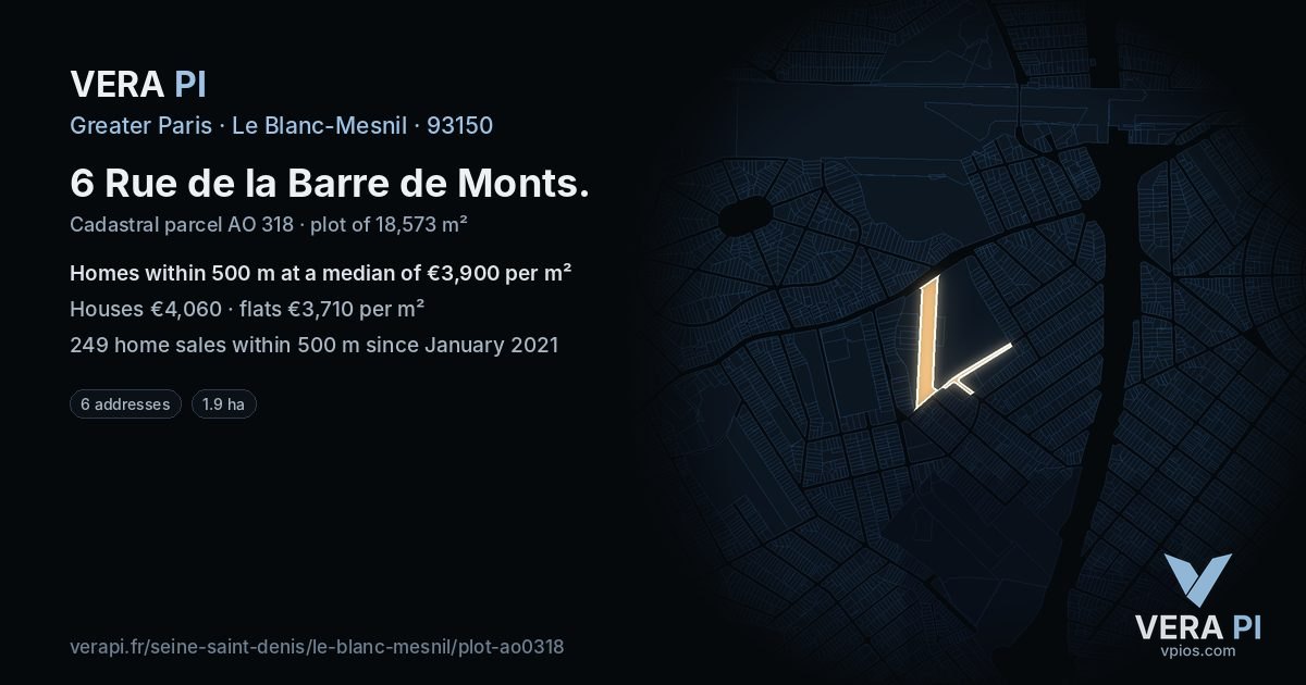 6 Rue de la Barre de Monts, Le Blanc-Mesnil at night – the plot lit, the parcels around coloured by the prices near them