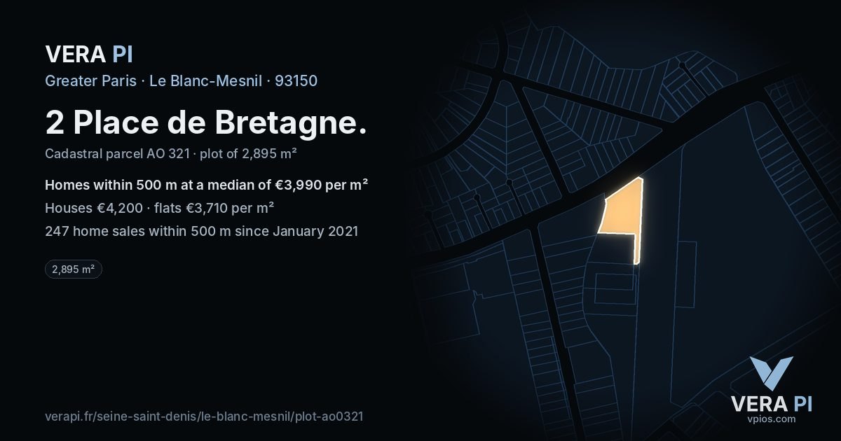 2 Place de Bretagne, Le Blanc-Mesnil at night – the plot lit, the parcels around coloured by the prices near them