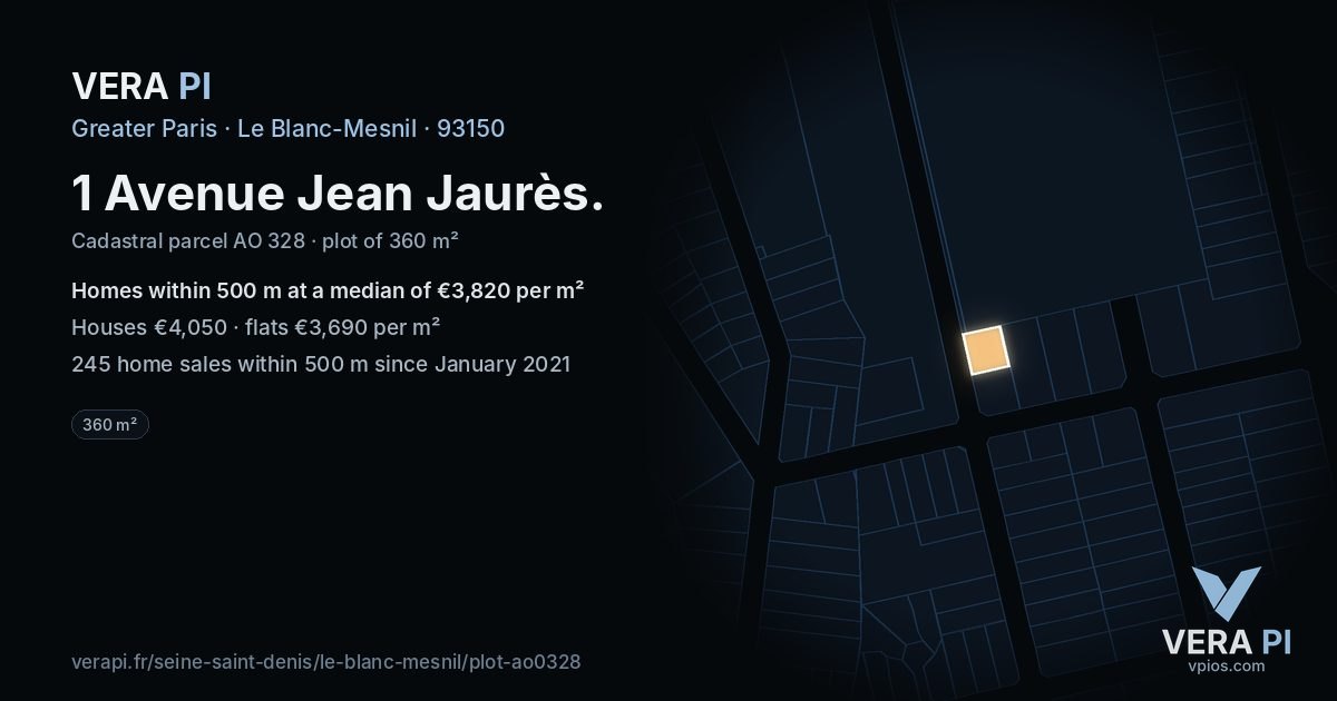 1 Avenue Jean Jaurès, Le Blanc-Mesnil at night – the plot lit, the parcels around coloured by the prices near them