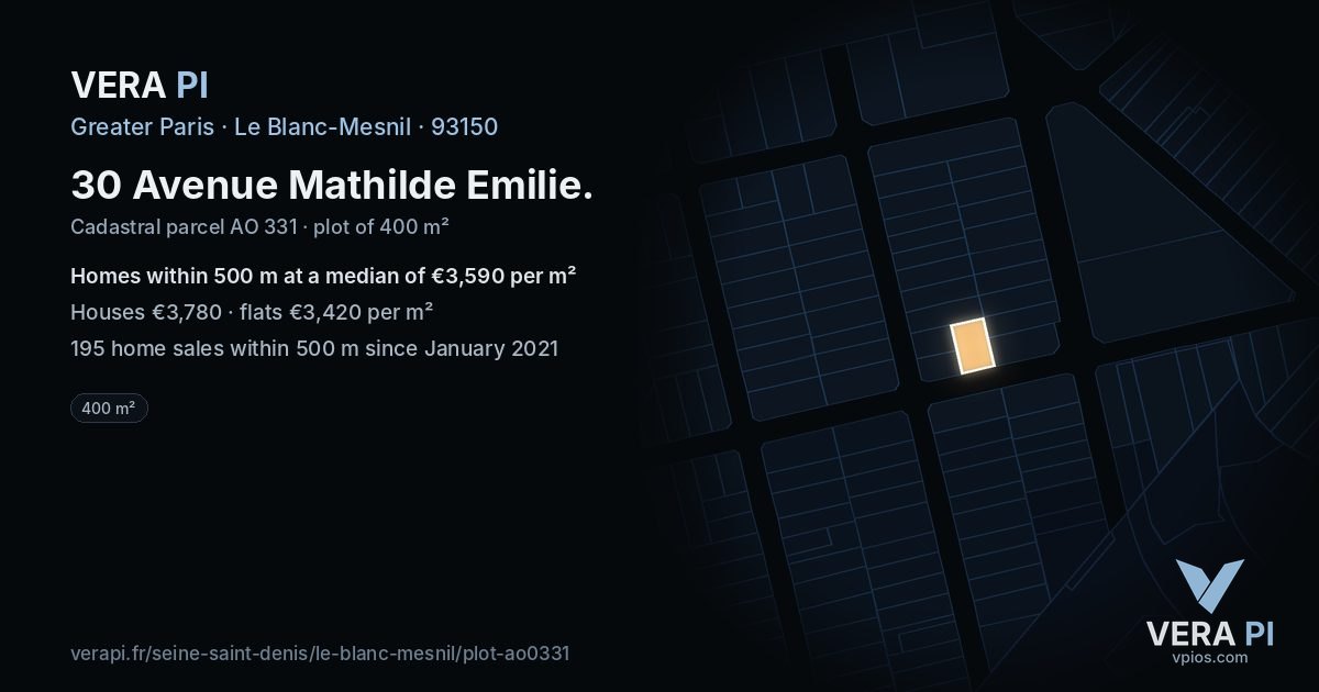 30 Avenue Mathilde Emilie, Le Blanc-Mesnil at night – the plot lit, the parcels around coloured by the prices near them