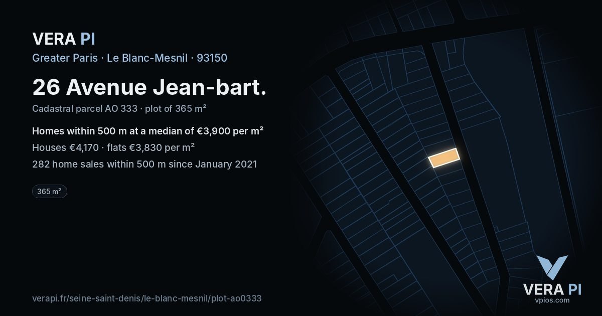 26 Avenue Jean-bart, Le Blanc-Mesnil at night – the plot lit, the parcels around coloured by the prices near them