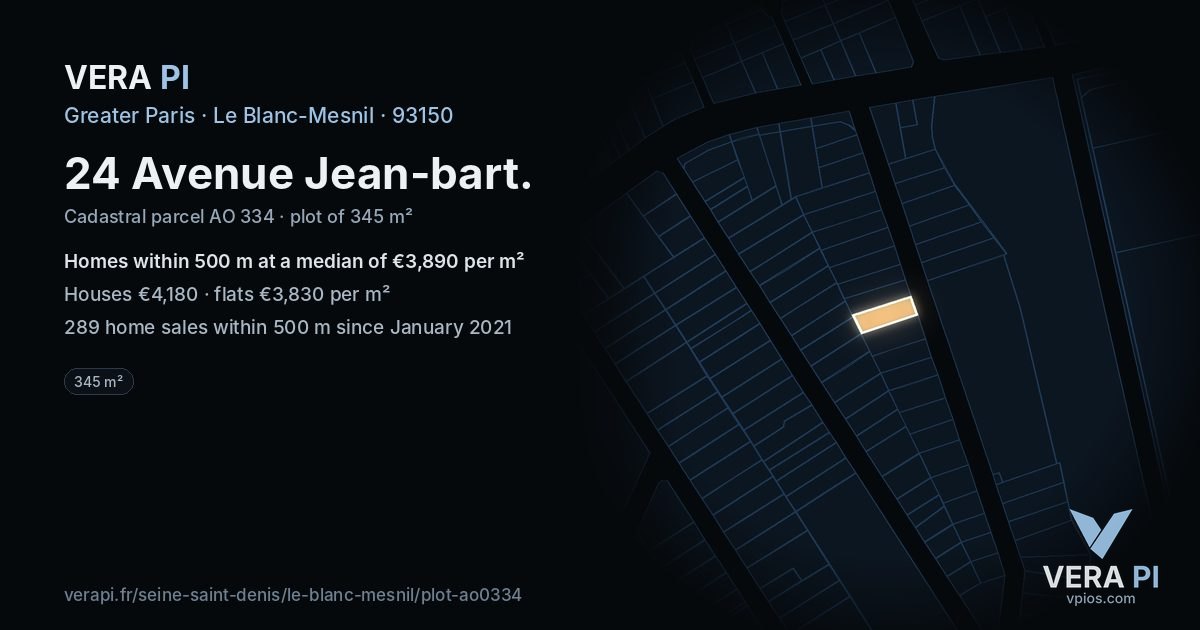 24 Avenue Jean-bart, Le Blanc-Mesnil at night – the plot lit, the parcels around coloured by the prices near them