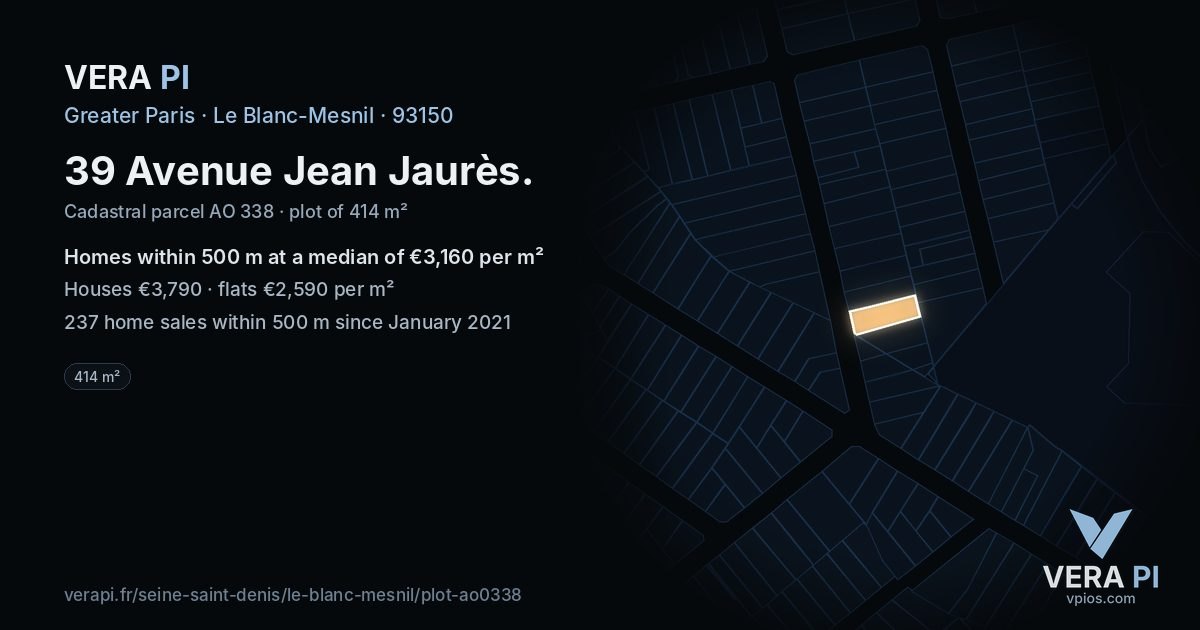 39 Avenue Jean Jaurès, Le Blanc-Mesnil at night – the plot lit, the parcels around coloured by the prices near them