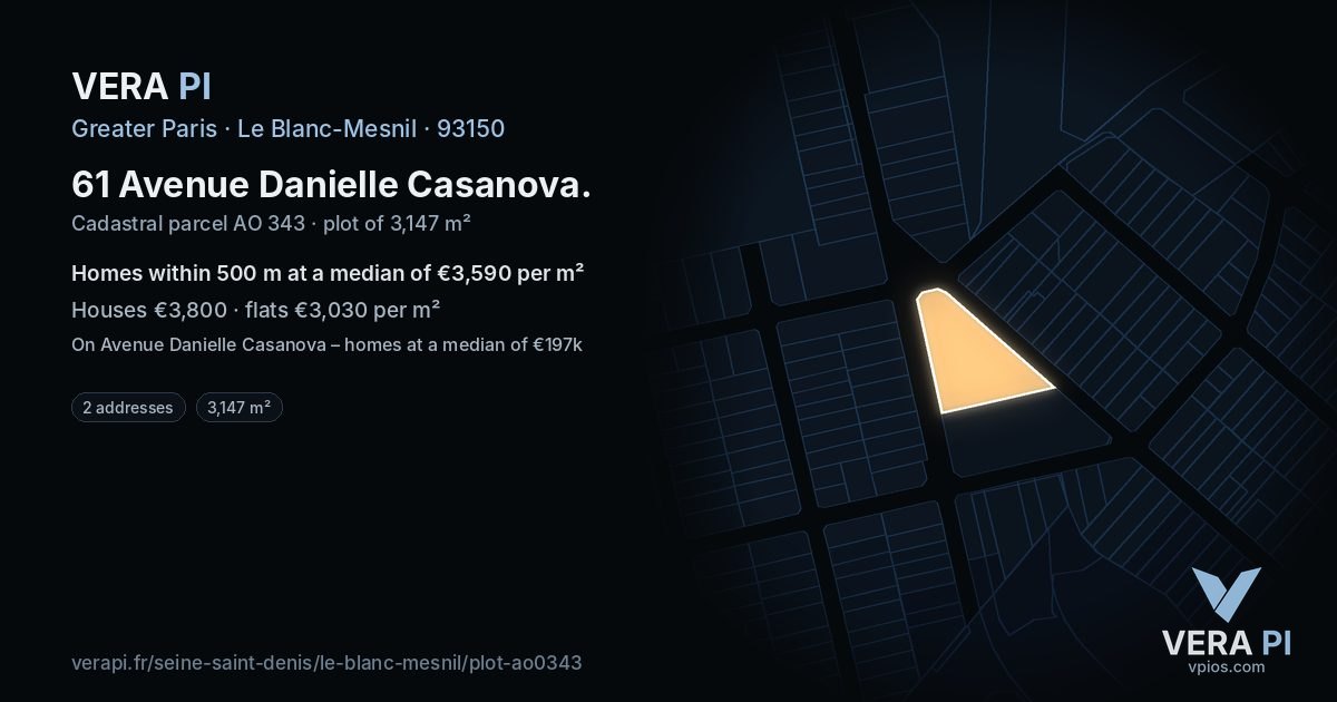 61 Avenue Danielle Casanova, Le Blanc-Mesnil at night – the plot lit, the parcels around coloured by the prices near them