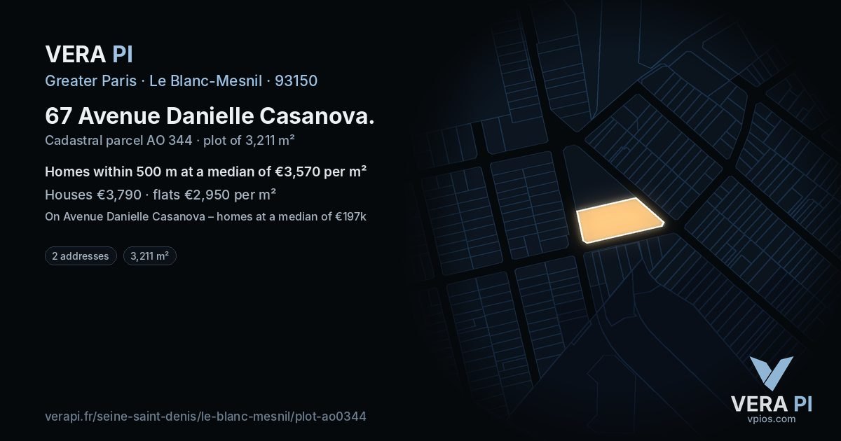 67 Avenue Danielle Casanova, Le Blanc-Mesnil at night – the plot lit, the parcels around coloured by the prices near them