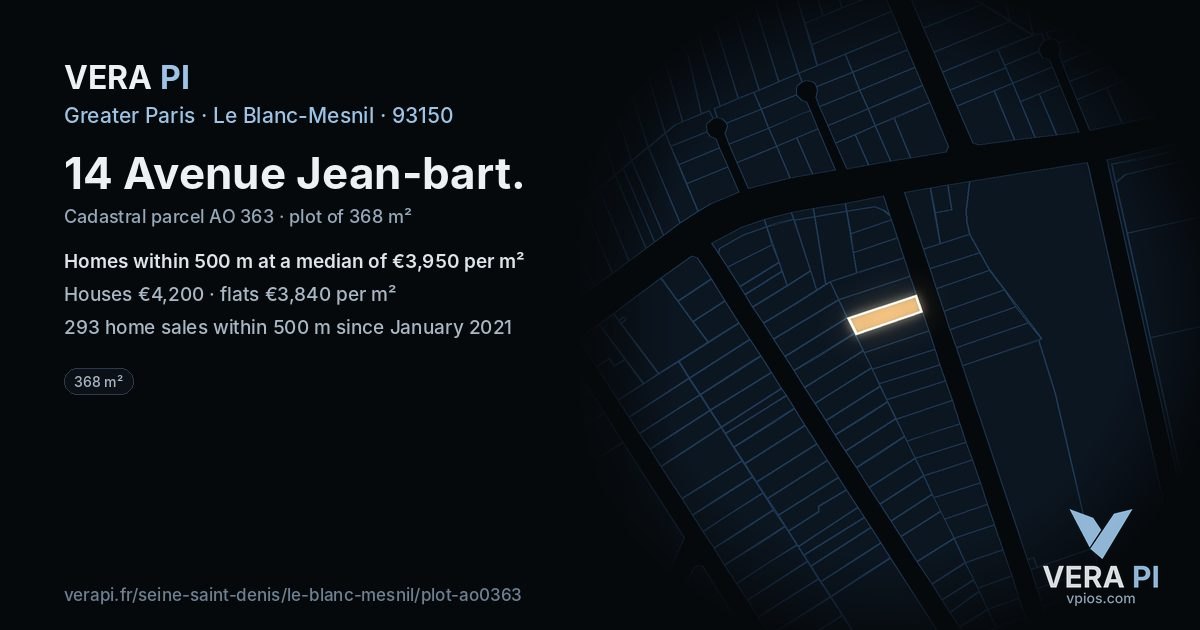 14 Avenue Jean-bart, Le Blanc-Mesnil at night – the plot lit, the parcels around coloured by the prices near them