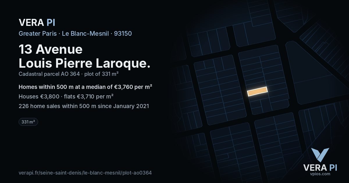 13 Avenue Louis Pierre Laroque, Le Blanc-Mesnil at night – the plot lit, the parcels around coloured by the prices near them