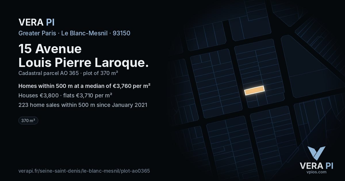 15 Avenue Louis Pierre Laroque, Le Blanc-Mesnil at night – the plot lit, the parcels around coloured by the prices near them