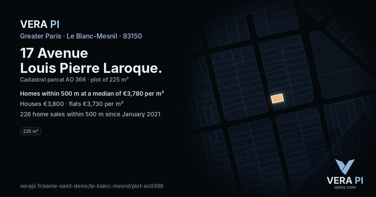 17 Avenue Louis Pierre Laroque, Le Blanc-Mesnil at night – the plot lit, the parcels around coloured by the prices near them