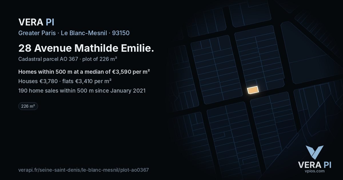 28 Avenue Mathilde Emilie, Le Blanc-Mesnil at night – the plot lit, the parcels around coloured by the prices near them