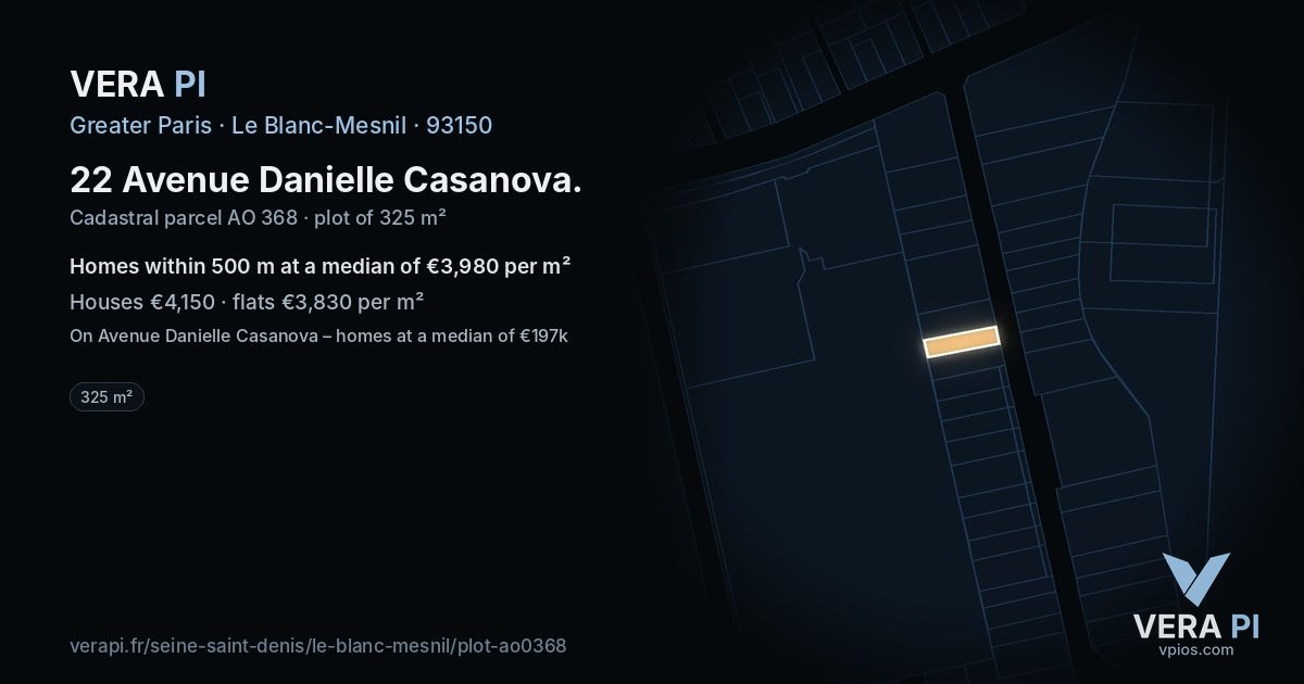 22 Avenue Danielle Casanova, Le Blanc-Mesnil at night – the plot lit, the parcels around coloured by the prices near them