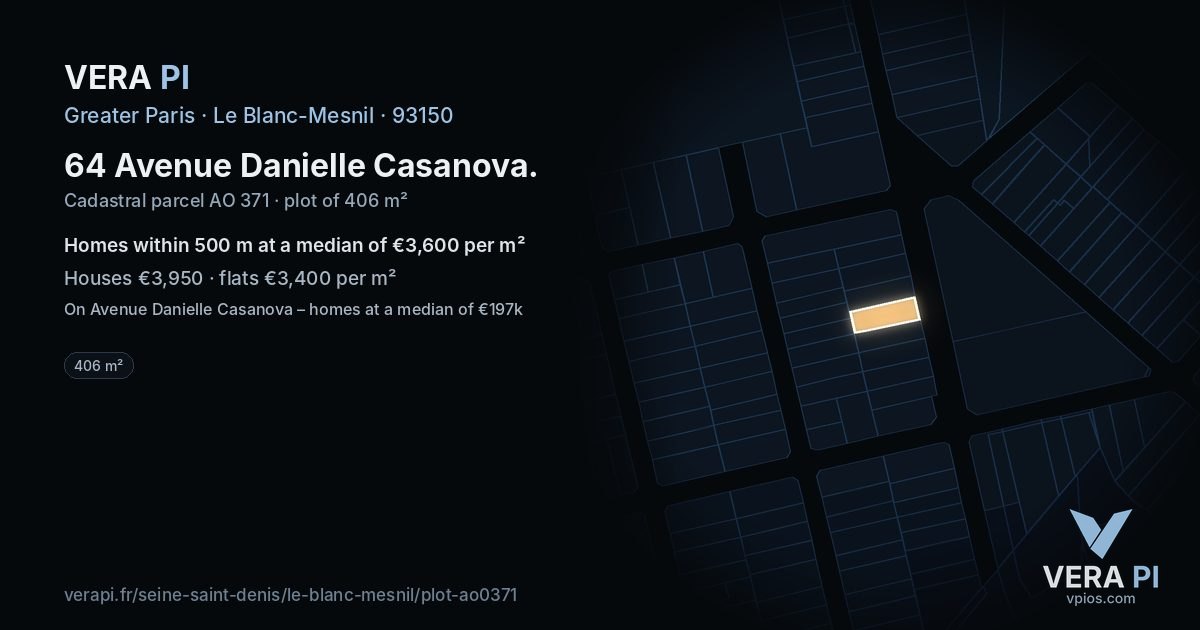 64 Avenue Danielle Casanova, Le Blanc-Mesnil at night – the plot lit, the parcels around coloured by the prices near them