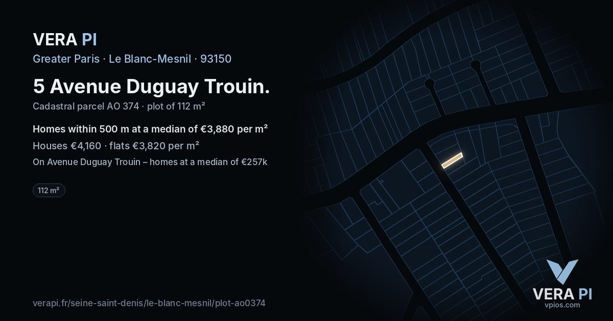 5 Avenue Duguay Trouin, Le Blanc-Mesnil at night – the plot lit, the parcels around coloured by the prices near them