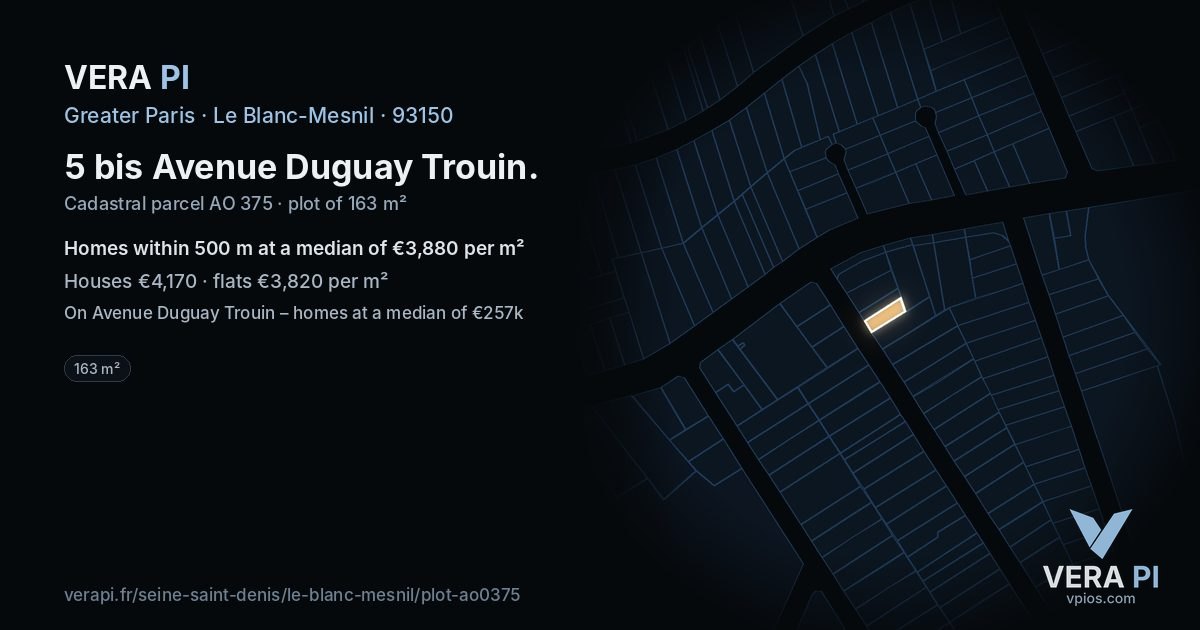 5 bis Avenue Duguay Trouin, Le Blanc-Mesnil at night – the plot lit, the parcels around coloured by the prices near them