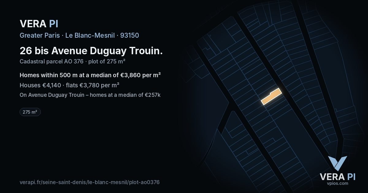 26 bis Avenue Duguay Trouin, Le Blanc-Mesnil at night – the plot lit, the parcels around coloured by the prices near them