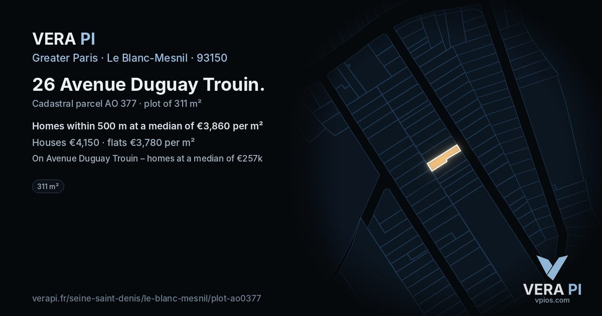 26 Avenue Duguay Trouin, Le Blanc-Mesnil at night – the plot lit, the parcels around coloured by the prices near them
