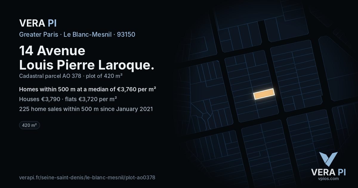 14 Avenue Louis Pierre Laroque, Le Blanc-Mesnil at night – the plot lit, the parcels around coloured by the prices near them