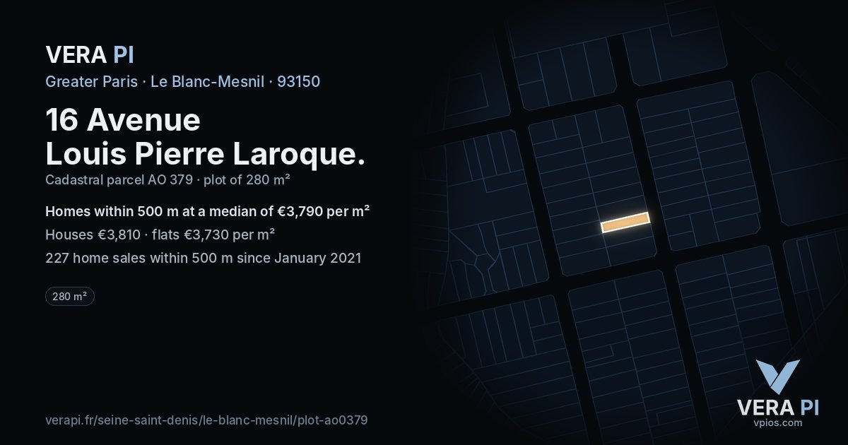16 Avenue Louis Pierre Laroque, Le Blanc-Mesnil at night – the plot lit, the parcels around coloured by the prices near them