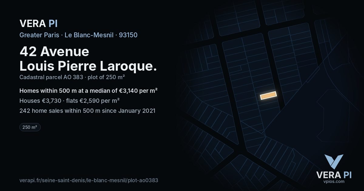 42 Avenue Louis Pierre Laroque, Le Blanc-Mesnil at night – the plot lit, the parcels around coloured by the prices near them