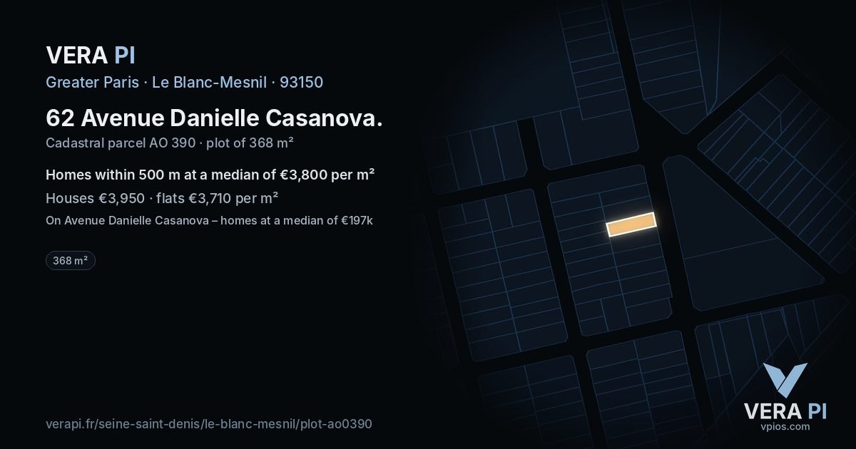 62 Avenue Danielle Casanova, Le Blanc-Mesnil at night – the plot lit, the parcels around coloured by the prices near them