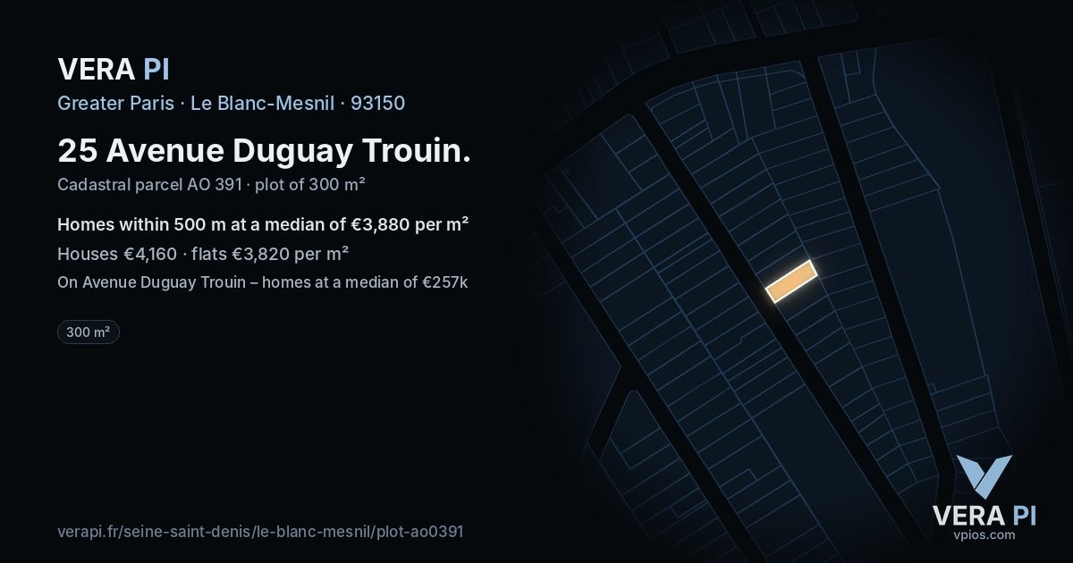 25 Avenue Duguay Trouin, Le Blanc-Mesnil at night – the plot lit, the parcels around coloured by the prices near them