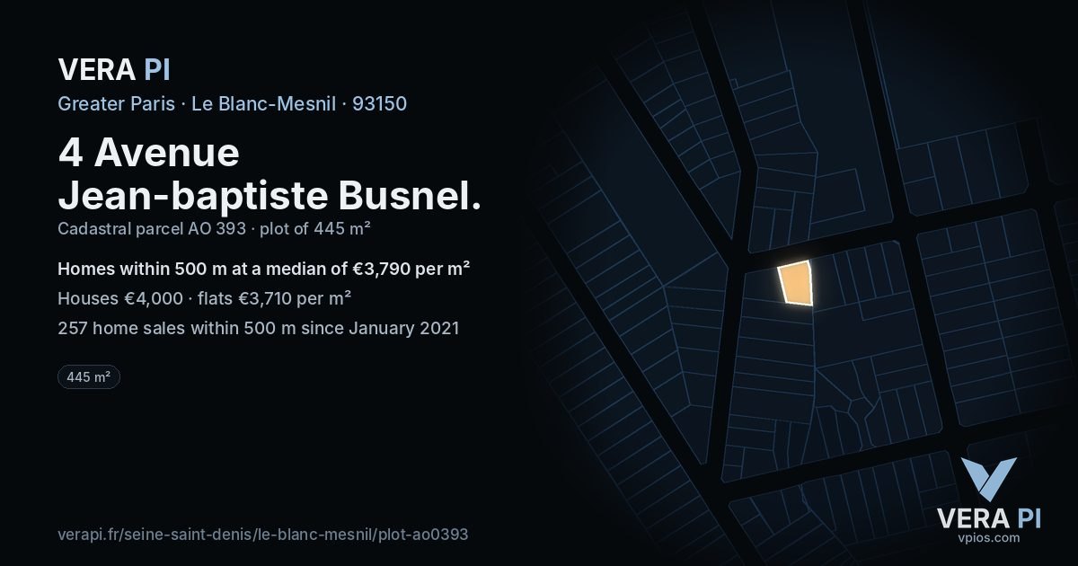 4 Avenue Jean-baptiste Busnel, Le Blanc-Mesnil at night – the plot lit, the parcels around coloured by the prices near them