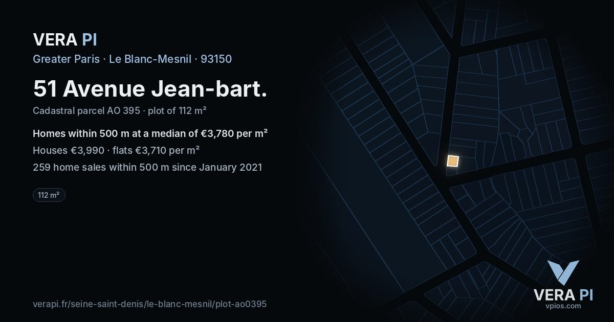 51 Avenue Jean-bart, Le Blanc-Mesnil at night – the plot lit, the parcels around coloured by the prices near them