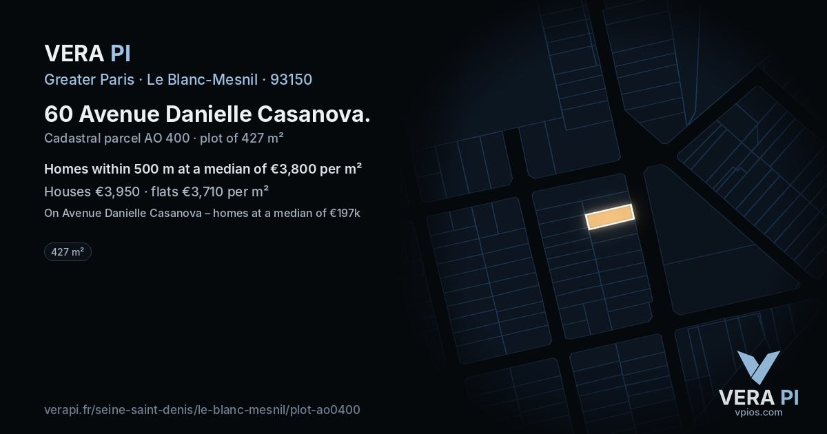 60 Avenue Danielle Casanova, Le Blanc-Mesnil at night – the plot lit, the parcels around coloured by the prices near them