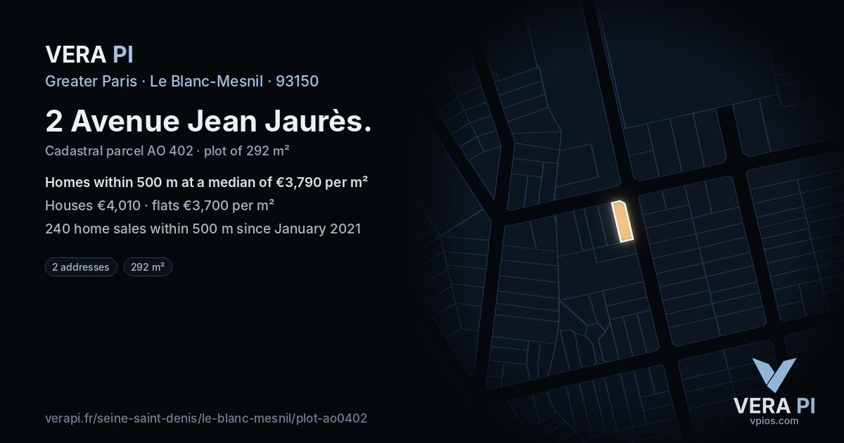 2 Avenue Jean Jaurès, Le Blanc-Mesnil at night – the plot lit, the parcels around coloured by the prices near them