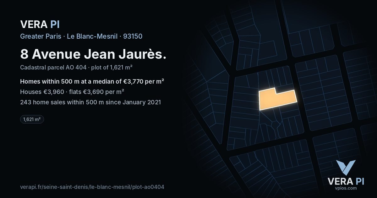 8 Avenue Jean Jaurès, Le Blanc-Mesnil at night – the plot lit, the parcels around coloured by the prices near them