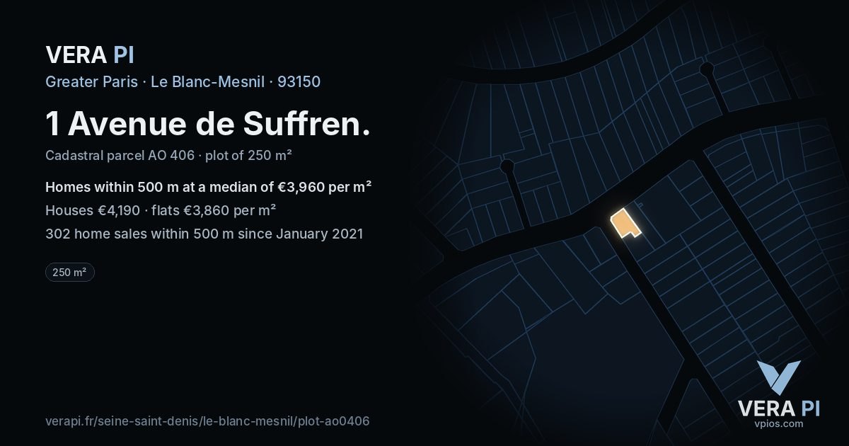 1 Avenue de Suffren, Le Blanc-Mesnil at night – the plot lit, the parcels around coloured by the prices near them